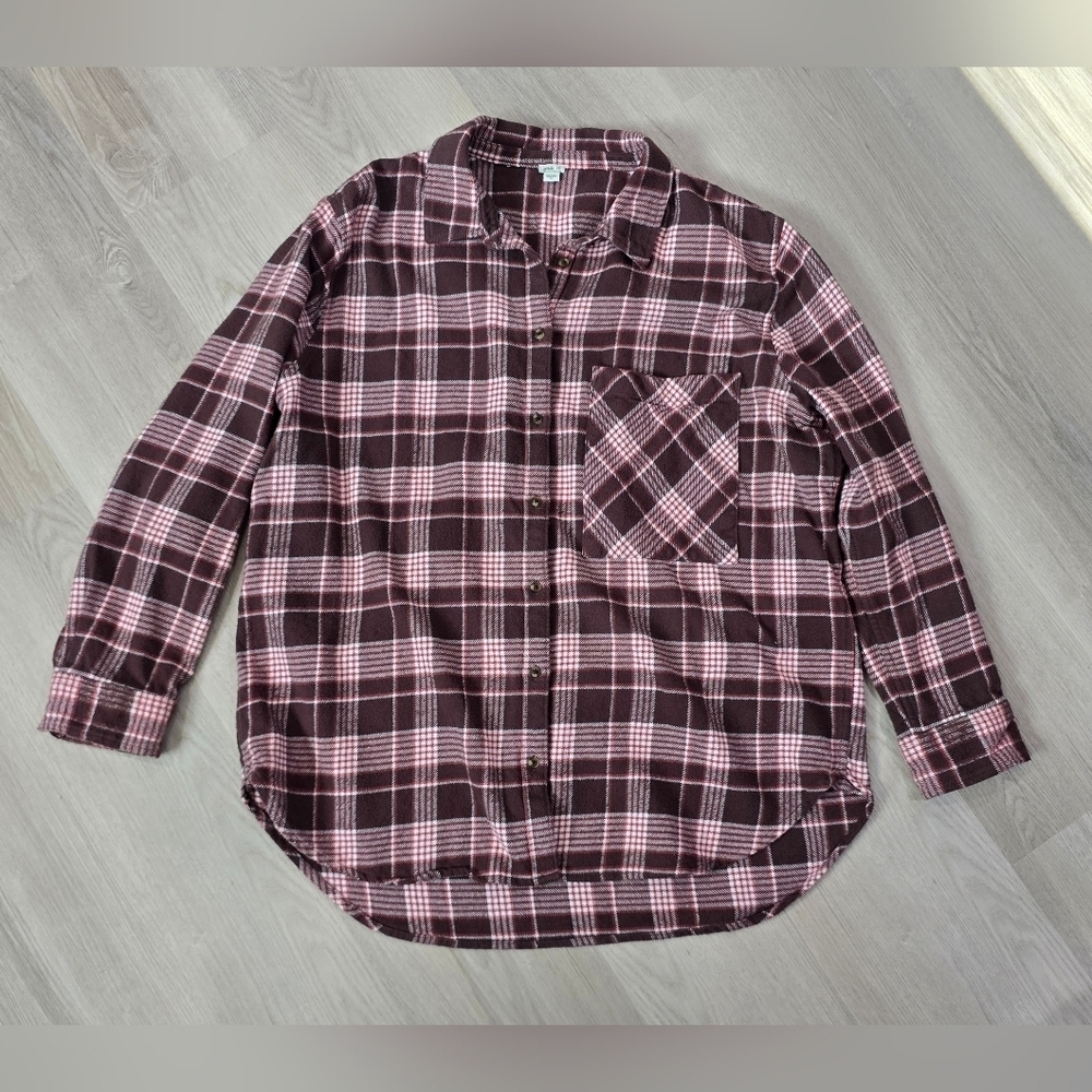 Aerie Brown Red White Plaid Button Down Shirt Oversized L